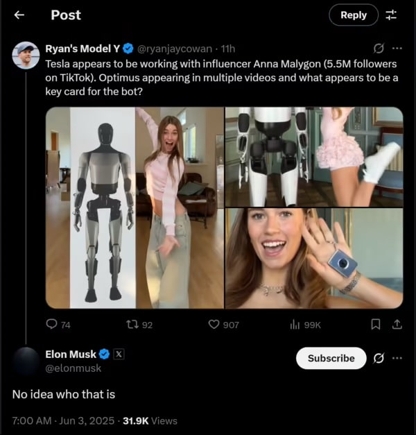 Маск відреагував на чутки про співпрацю з українською OnlyFans-моделлю у рекламі роботів фото 2