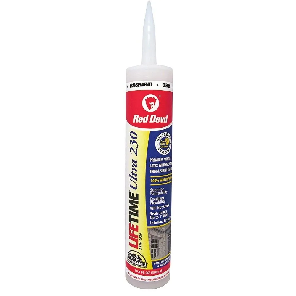 Тюбик герметика Red Devil Lifetime Ultra 230 Premium Acrylic Sealant на білому тлі.