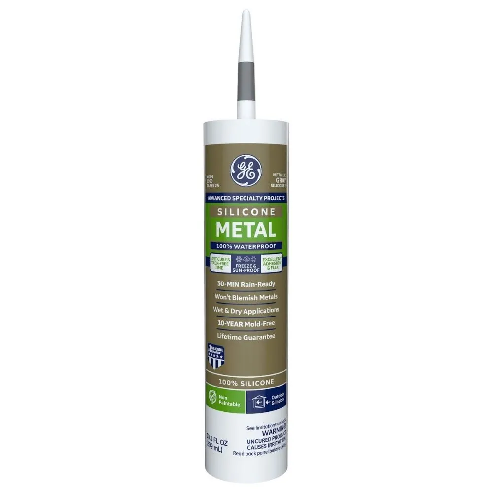Найкращі герметики для жолобів 2026: експертний тест 37 GE Silicone II Aluminum and Metal Sealant in tube on white background