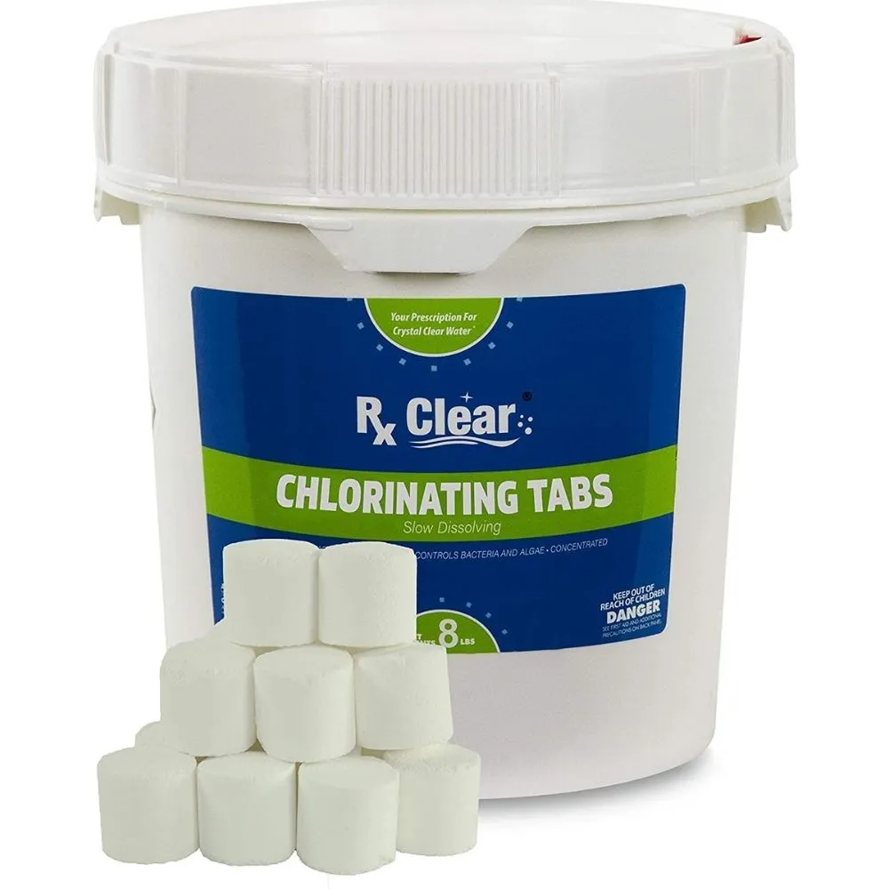 Хлорові таблетки проти водоростей і каламутної води 8 Таблетки хлору Rx Clear Chlorine Tablets на білому тлі