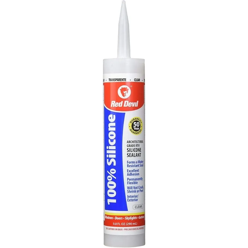 Тюбик герметика Red Devil 100% Silicone Architectural Grade Sealant на білому тлі.