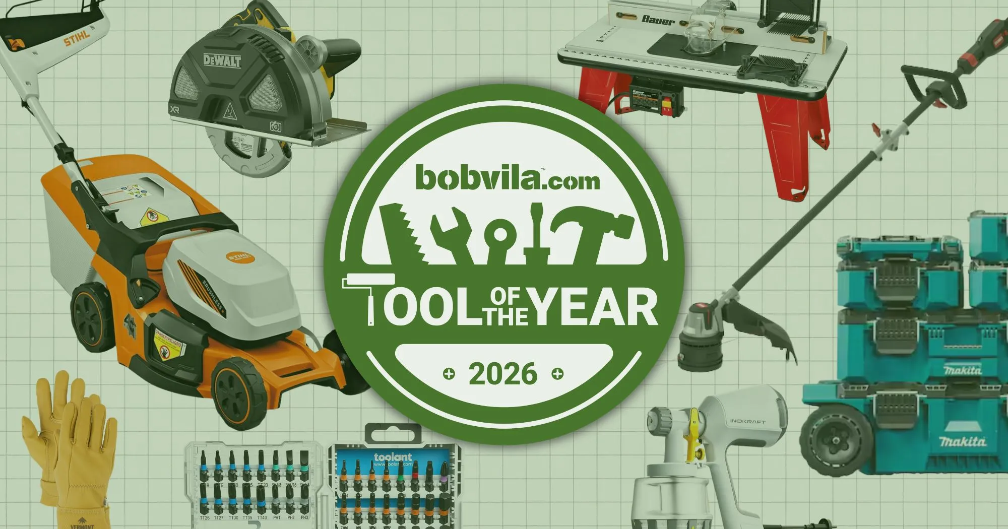 Декілька переможців нагород Tool of the Year 2026, включно зі Stihl, Makita, DeWalt та Bauer, зображені з печаткою нагород