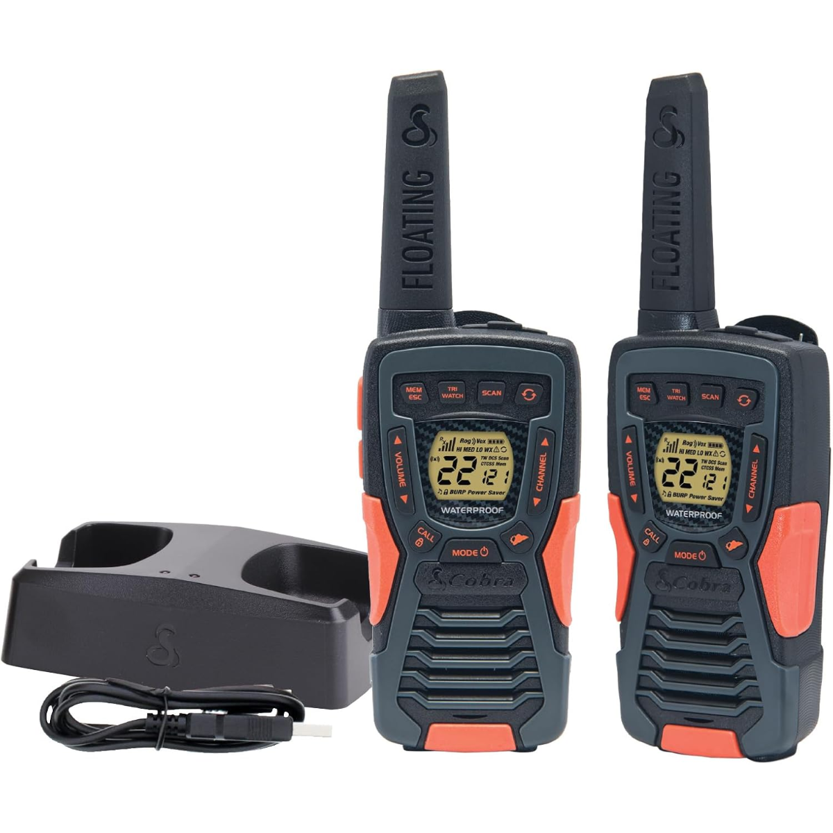 Cobra ACXT1035R FLT Two-Way Radio/Walkie Talkie Set with charger on white background