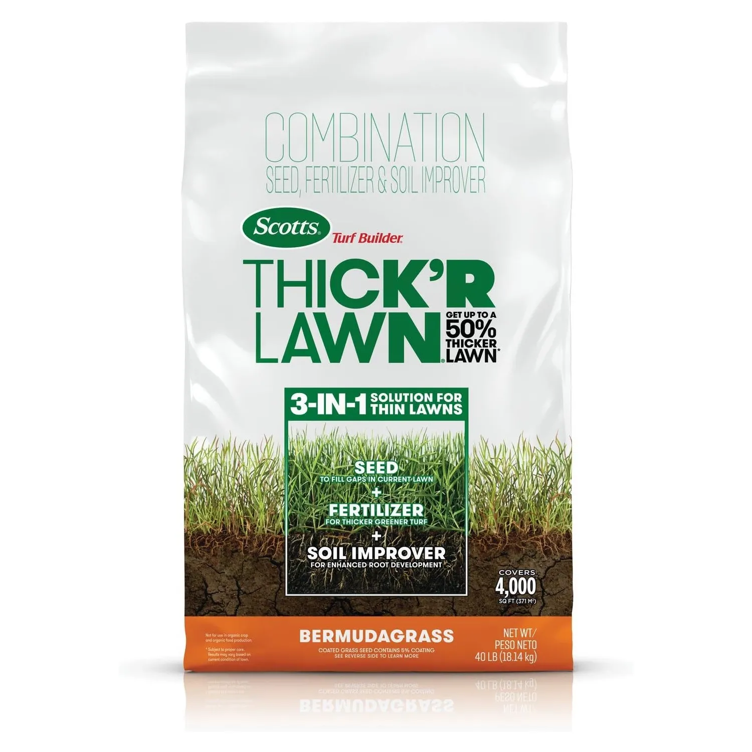 Пакет Scotts Turf Builder Thick’R Lawn Bermudagrass на білому фоні