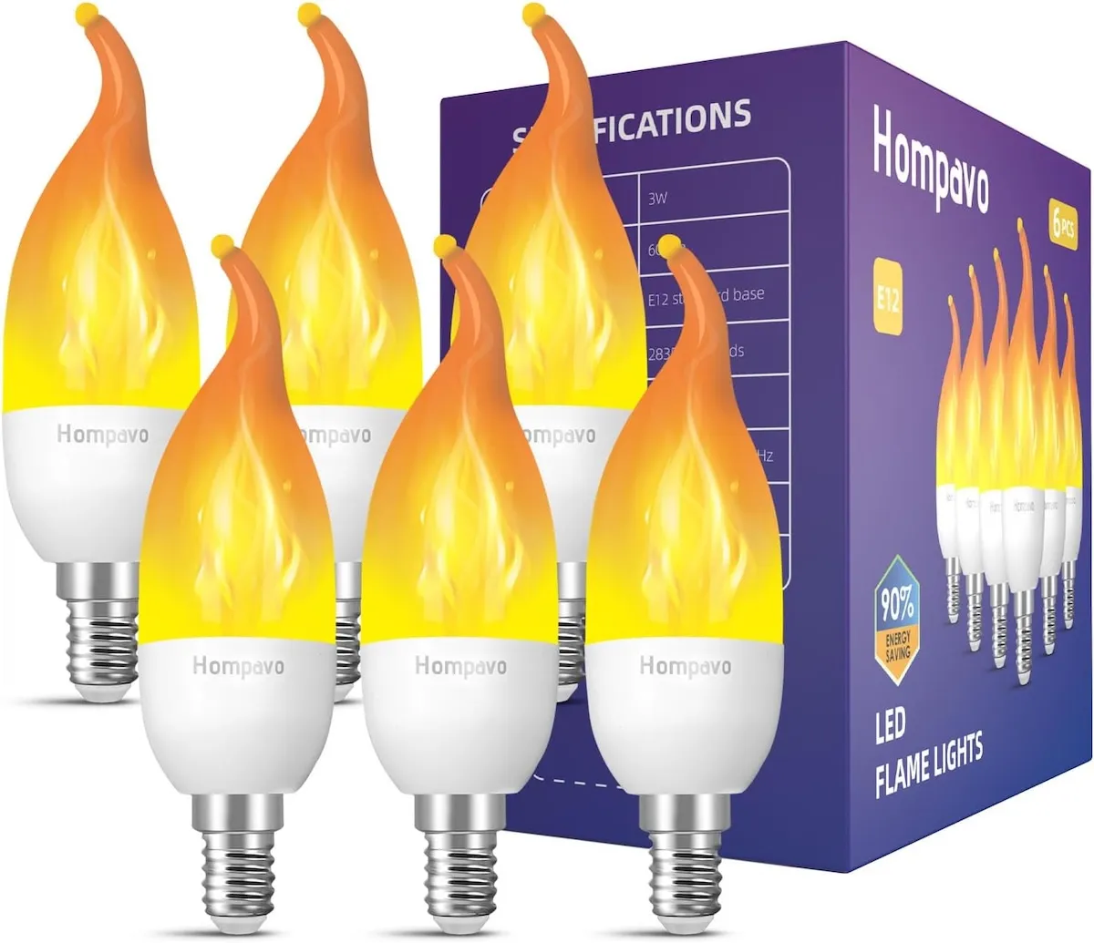 Лампи Hompavo E12 LED Flame Light Bulbs та їх пакування на білому тлі
