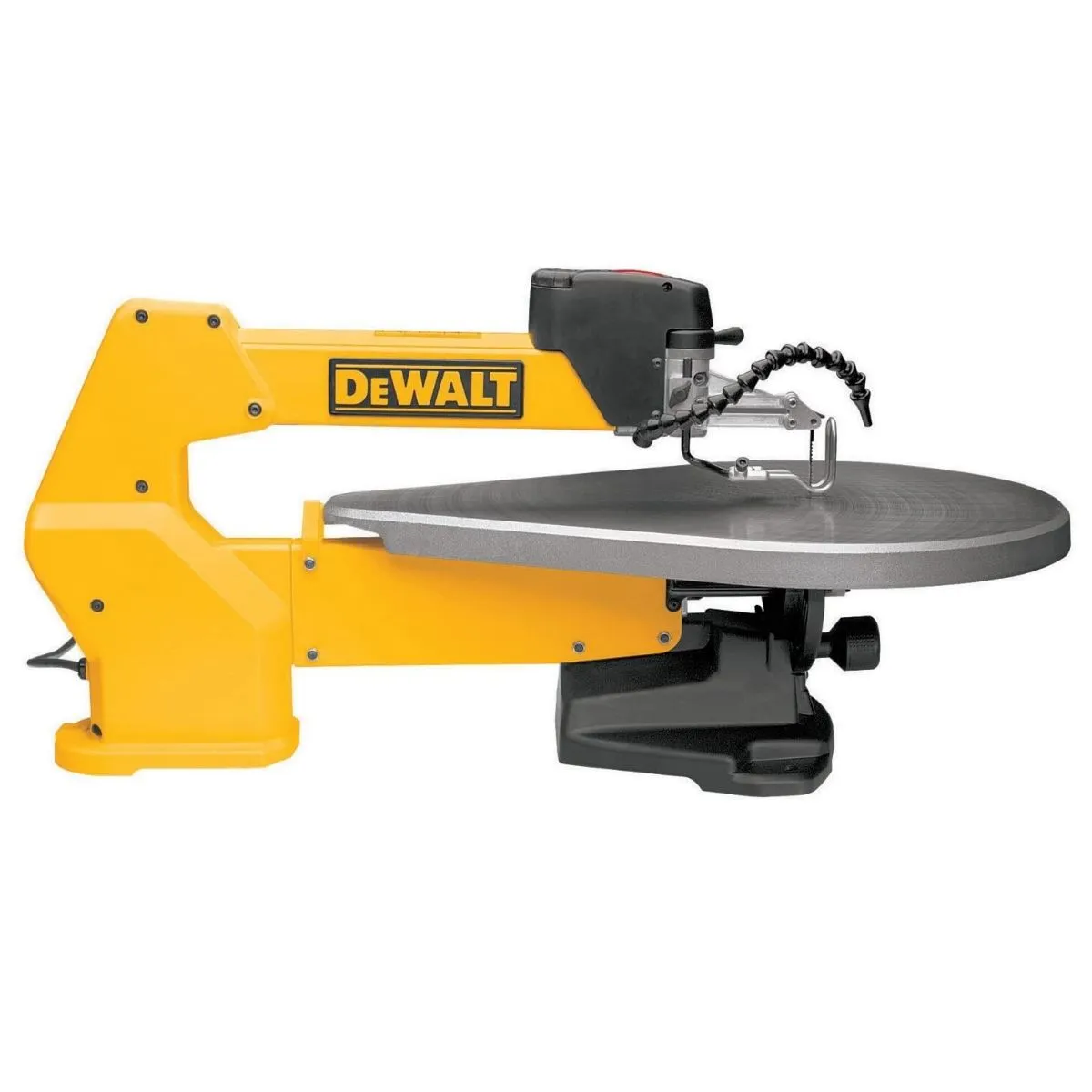 Лобзик-стрічкопила DeWalt 20-дюймовий зі змінною швидкістю на білому тлі.